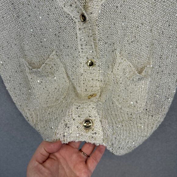 Jennifer Lopez Sweater Womens Medium Cream Sequins Cardigan Short Sleeve V-Neck - Picture 4 of 10